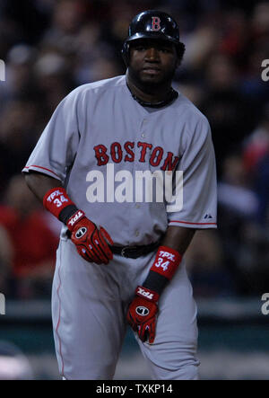 Boston Red Sox's designated hitter David Ortiz holds his thigh after being hit by a ball off the bat of teammate Manny Ramirez during game three of the American League Championship Series against the Cleveland Indians at Jacobs Field in Cleveland on October 15, 2007. (UPI Photo/Kevin Dietsch) Stock Photo