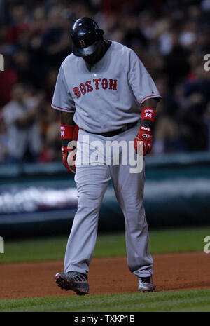 Boston Red Sox's designated hitter David Ortiz walk off the field after being declared out after being hit by a ball off the bat of teammate Manny Ramirez during game three of the American League Championship Series against the Cleveland Indians at Jacobs Field in Cleveland on October 15, 2007. (UPI Photo/Kevin Dietsch) Stock Photo