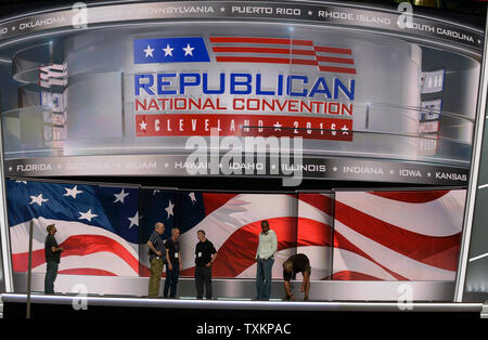 Workers prepare the stage of Republican National Convention at the Quicken Loans Arena in Cleveland, Ohio on July 15, 2016.  The convention starts on Monday July 18 and runs through July 19th and is expected to nominate Donald Trump for president of the United States.   Photo by Pat Benic/UPI Stock Photo
