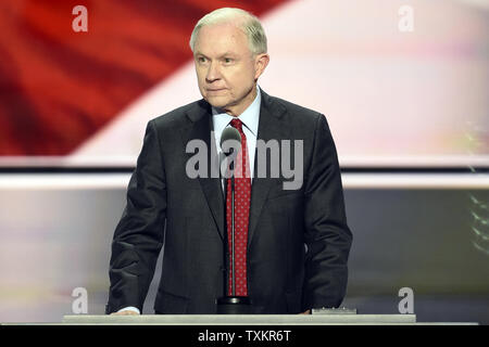Senator Jeff Sessions of Alabama nominates Donald Trumps for President of the United States of America at the evening session on day two of the Republican National Convention at Quicken Loans Arena in Cleveland, Ohio on July 19, 2016. Donald Trump will formally accept the Republican Party's nomination for President on Thursday night July 21st. Photo by Pete Marovich/UPI Stock Photo