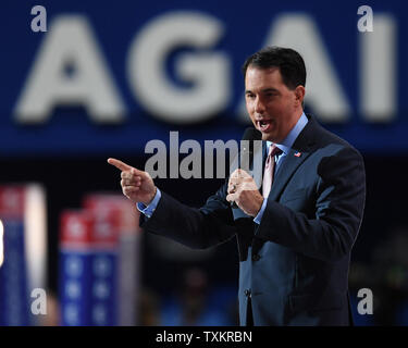 Wisconsin Governor Scott Walker speaks on day three of the Republican National Convention at Quicken Loans Arena in Cleveland, Ohio on July 20,  2016.  Donald Trump will formally accept the Republican Party's nomination for President on Thursday night July 21.  Photo by Pat Benic/UPI Stock Photo