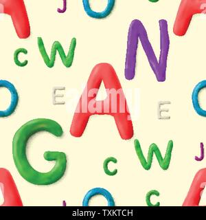 Seamless pattern with alphabet. Handmade modeling clay letters. Realistic 3d vector lettering background. Stock Vector
