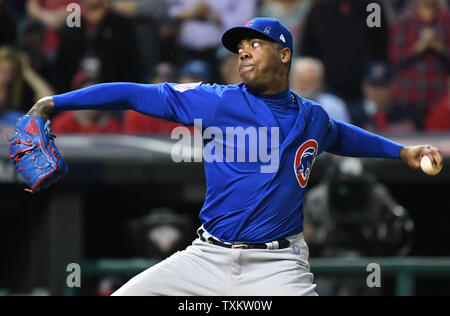 Chicago Cubs reliever Aroldis Chapman throws in the seventh inning against the Cleveland Indians in game 6 of the World Series at Progressive Field in Cleveland, Ohio on November 1, 2016.  Cleveland holds a 3-2 series lead over Chicago.  Photo by Pat Benic/UPI Stock Photo