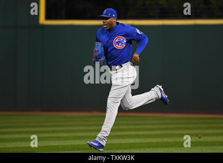 Chicago Cubs relief pitcher AROLDIS CHAPMAN pitches to Indians pinch hitter  Brandon Guyer bottom of the 9th