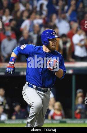 Chicago Cubs' Ben Zobrist hits an RBI-double for the lead over the Cleveland Indians during the tenth inning of World Series game 7 at Progressive Field in Cleveland, Ohio, on November 2, 2016. Photo by Pat Benic/UPI Stock Photo