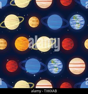 Space print. Seamless vector pattern. Planets of the Solar system on a dark background. Universe, outer space Stock Vector