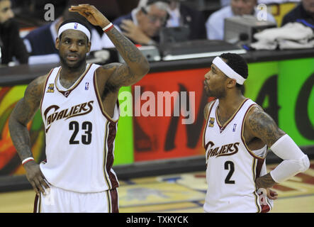 Cleveland Cavaliers LeBron James, left, and Mo Williams talk during the fourth quarter against the Boston Celtics in game 5 of the second round of the NBA Playoffs in Cleveland on May 11, 2010.   UPI/David Richard Stock Photo
