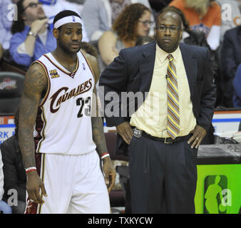 Cleveland Cavaliers LeBron James, left, and head coach Mike Brown during the fourth quarter against the Boston Celtics in game 5 of the second round of the NBA Playoffs in Cleveland on May 11, 2010.   UPI/David Richard Stock Photo