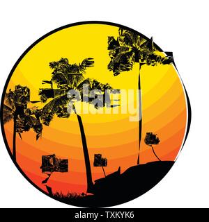 Silhouette Of a Palm Tree Tropical Forest Over Red And Yellow Sunset Inside Circular Border On White Stock Vector