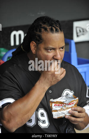Chicago White Sox designated hitter Manny Ramirez puts chewing tobacco in  his mouth before a baseball game against the Cleveland Indians at  Progressive Field in Cleveland on August 31, 2010. UPI/David Richard