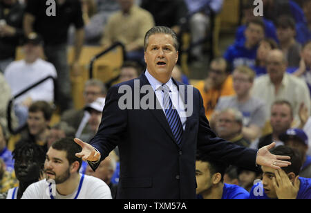Kentucky Wildcats head coach John Calipari looks to the referee after getting a bench warning in the first half against the Missouri Tigers at the Mizzou Arena in Columbia, Missouri on February 21, 2017.  Photo by Bill Greenblatt/UPI Stock Photo