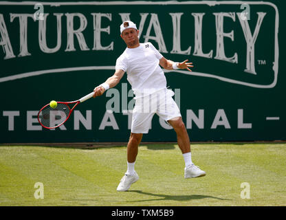 Devonshire Park, Eastbourne, UK. 25th June, 2019. Nature Valley International Tennis Tournament; Radu Albot (MDA) plays a forehand shot in his match against Daniel Evans (GBR) Credit: Action Plus Sports/Alamy Live News Stock Photo