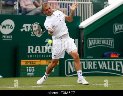 Devonshire Park, Eastbourne, UK. 25th June, 2019. Nature Valley International Tennis Tournament; Daniel Evans (GBR) plays a forehand shot in his match against Radu Albot (MDA) Credit: Action Plus Sports/Alamy Live News Stock Photo