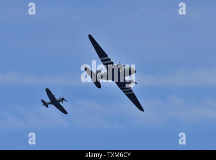 The Battle of Britain Memorial Flight Dakota and Spitfire at Torbay air show 2019. Stock Photo