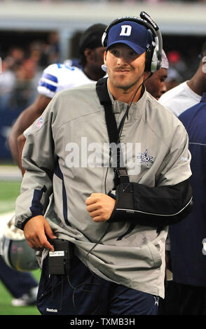Dallas Cowboys' quarterback Tony Romo is seen on the sidelines with broken collar bone as the Cowboys play the Jacksonville Jaguars in Arlington, Texas October 31, 2010. Romo broke his collar bone last week against the New York Giants and is expected to be out for 8 weeks.  UPI/Kevin Dietsch Stock Photo
