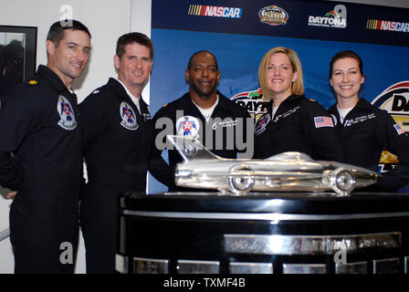 US Air force Thunderbirds  (L-R) Maj. Tony Mulhave, Lt. Col. Rob Skelton, Maj. T. Dyon Douglas, Maj. Samantha Weeks and Capt. Elizabeth Kreft speak at a pre race press conference prior to the 50th annual NASCAR Daytona 500 will be run today at Daytona International Speedway in Daytona Beach, Florida on February 17, 2008. (UPI Photo/Chris Gordon) Stock Photo