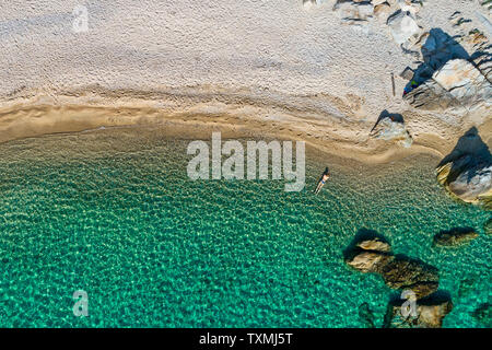 Close up view of Fava Beach in Vourvourou at Chalkidiki, Greece. Aerial Photography. Stock Photo