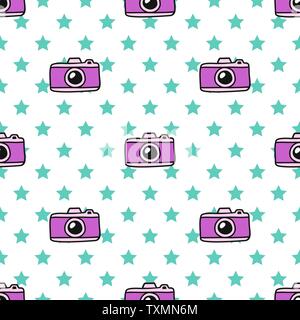 Hand Draw Camera and the stars Seamless Pattern. Vector colorful Endless background in Doodle style. Texture For printing on fabric, wrapping paper, t Stock Vector