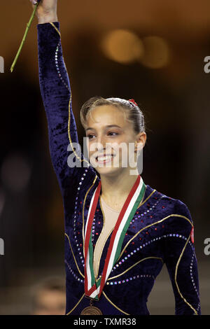 Emilie Lepennec of France stands on the podium after winning gold in the uneven bars apparatus final in women's artistics gymnastics at the European Championships in Debrecen, Hungary, June 5, 2005.    (UPI Photo/Tom Theobald) Stock Photo