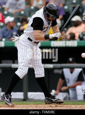 Colorado Rockies batter Todd Helton watches his sixth inning home run  against the San Francisco Giants at Coors Field in Denver on May 11, 2007.  Helton finished the game with a .397