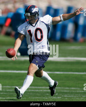 Denver Broncos punter Corliss Waitman warms up before a preseason