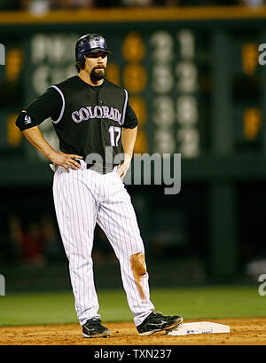 Colorado Rockies first baseman Todd Helton celebrates winning game four of  the National League Championship Series at Coors Field in Denver on October  15, 2007. Colorado won the National League championship defeating