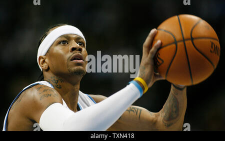 Denver Nuggets guard Allen Iverson takes a free throw against the Philadelphia 76ers during the first quarter at the Pepsi Center in Denver on January 6, 2008.   (UPI Photo/Gary C. Caskey) Stock Photo