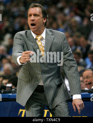 Detroit Pistons head coach Flip Saunders gestures to his team against the Denver Nuggets during the first half at the Pepsi Center in Denver on February 25, 2008.  (UPI Photo/Gary C. Caskey) Stock Photo