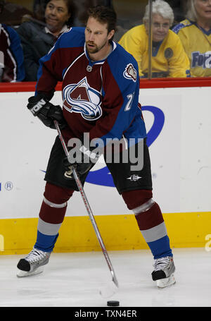 Colorado Avalanche Peter Forsberg warms up prior to making his first appearance back in the NHL at the Pepsi Center in Denver on March 4, 2008.  Forsberg entered the game during the first period to a standing ovation.   (UPI Photo/Gary C. Caskey) Stock Photo