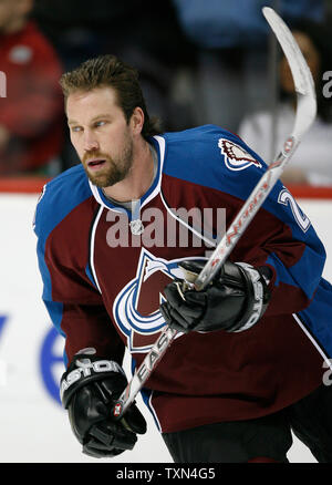 Colorado Avalanche center Peter Forsberg of Sweden skates during warm ups at the Pepsi Center in Denver on March 6, 2008.  The Avalanche beat Anaheim 1-0.  (UPI Photo/Gary C. Caskey) Stock Photo