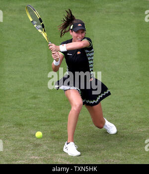 Great Britain's Johanna Konta in action against Maria Sakkari during day three of the Nature Valley International at Devonshire Park, Eastbourne. Stock Photo