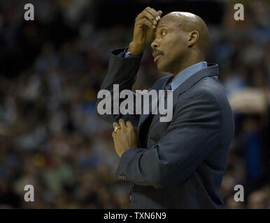 New Orleans Hornets head coach Byron Scott reacts during the second half at the Pepsi Center in Denver on November 27, 2008.  New Orleans beat Denver 105-101.   (UPI Photo/ Gary C. Caskey) Stock Photo