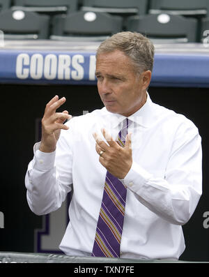 Colorado Rockies Executive Vice President and General Manager Daniel J. O'Dowd  watches Rockies batting practice at Coors Field in Denver on April 10, 2009.  The Rockies begins its 15th season home opener at Coors Field with a series against the World Champion Phillies.   (UPI Photo/Gary C. Caskey) Stock Photo