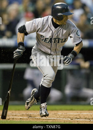 Seattle Mariners right fielder Ichiro Suzuki singles in the third inning against the Colorado Rockies at Coors Field  in Denver on June 12. 2009.   The Rockies return to their home field after winning eight straight games on the road.   (UPI Photo/Gary C. Caskey) Stock Photo