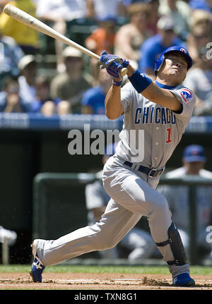 Chicago Cubs center fielder Kosuke Fukudome strikes out to end the first inning against the Colorado Rockies at Coors Field in Denver on August 9, 2009.  Colorado beat Chicago 11-5.     UPI/Gary C. Caskey Stock Photo