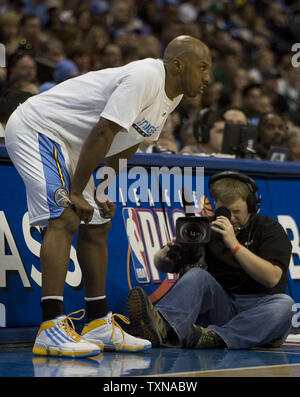 Denver Nuggets guard Chauncey Billups waits to enter the game against the Boston Celtics during the fourth quarter at the Pepsi Center on February 21, 2010 in Denver.  Northwest division leader Denver beat Atlantic division leader Boston 114-105.         UPI/Gary C. Caskey Stock Photo