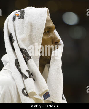 Denver Nuggets guard Chauncey Billups walks toward injured Nuggets Johan Petro during the second quarter at the Pepsi Center in Denver on April 12, 2010 in Denver. Petro left the game but returned to play in the second half against the Memphis Grizzlies.        UPI/Gary C. Caskey Stock Photo