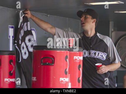 April 30, 2010; San Francisco, CA, USA; A Colorado Rockies jersey in honor  of Keli McGregor hangs in the Rockies dugout before the game against the  San Francisco Giants at AT&T Park.