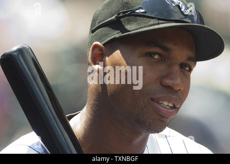 Colorado Rockies reserve infielder Jonathan Herrera sits in the dugout before game against the Houston Astros at Coors Field on June 10, 2010 in Denver.    UPI/Gary C. Caskey Stock Photo