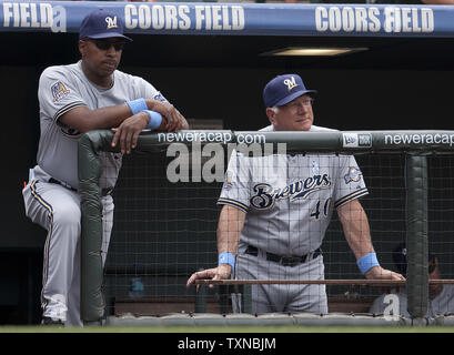 Milwaukee Brewers manager Ken Macha (R) and coach Willie Randolph watch the Brewers beat the Colorado Rockies 6-1 in the ninth inning at Coors Field on June 20, 2010 in Denver.                 UPI/Gary C. Caskey Stock Photo