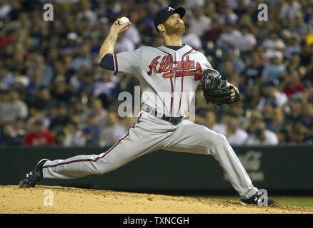 Atlanta Braves starting pitcher Tim Hudson throws against the Colorado Rockies at Coors Field on Aiugust 23, 2010 in Denver.      UPI/Gary C. Caskey Stock Photo