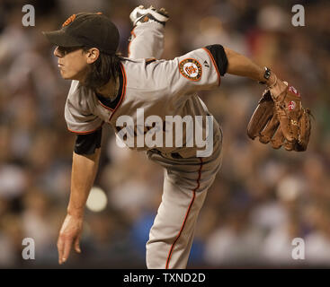 San Francisco Giants pitcher Tim Lincecum (15-10) pitched eight inniings allowing two hits and one run in a win against the Colorado Rockies at Coors Field on September 24, 2010 in Denver.  The Giants maintained their NL West division lead with a 2-1 win over the Rockies.       UPI/Gary C. Caskey Stock Photo