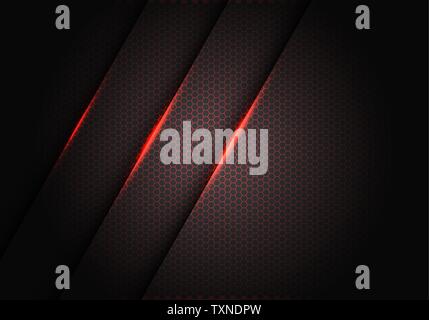 Abstract red light on hexagon mesh pattern in dark grey metallic design modern luxury futuristic background vector illustration. Stock Vector