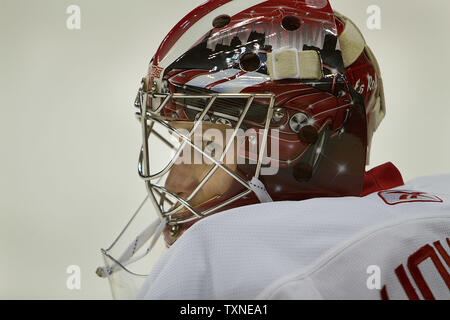 Detroit Red Wings goalie Jimmy Howard watches the Colorado Avalanche during warm ups at the Pepsi Center in Denver on December 27, 2010.  UPI/Gary C. Caskey Stock Photo