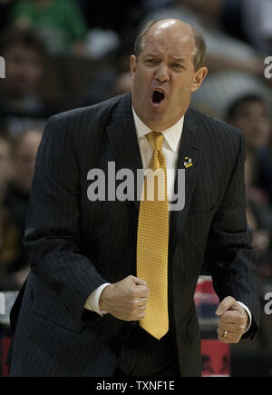 Vanderbilt head coach Kevin Stallings shouts in the second half against the Richmond Spiders during the NCAA second round Southwest regional at the Pepsi Center in Denver on March 17, 2011.   Richmond beat Vanderbilt 69-66.        UPI/Gary C. Caskey Stock Photo