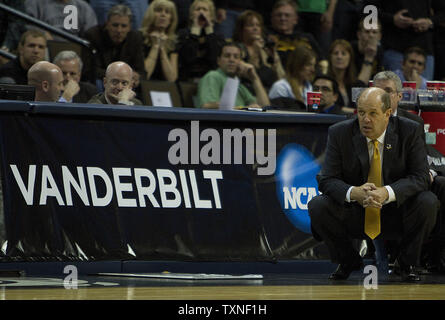 Vanderbilt head coach Kevin Stallings watches his team against the Richmond Spiders during the NCAA second round Southwest regional at the Pepsi Center in Denver on March 17, 2011.   Richmond beat Vanderbilt 69-66.        UPI/Gary C. Caskey Stock Photo