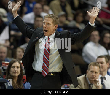 Gonzaga head coach Mark Few gestures against the BYU Cougars during the second half of the NCAA Southeast third round regional at the Pepsi Center in Denver on March 19, 2011.  Brigham Young advances to the Sweet 16 defeating Gonzaga 89-67      UPI/Gary C. Caskey Stock Photo