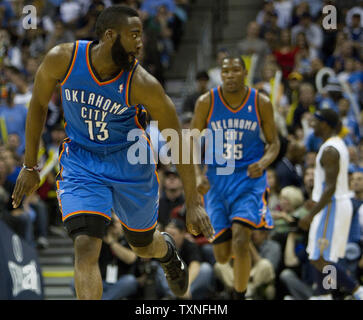 Oklahoma City Thunder guard James Hardin (13) celebrates a three point shot against the Denver Nuggets during the second quarter in the Western Conference playoffs-First Round game three at the Pepsi Center in Denver on April 23, 2011.     UPI/Gary C. Caskey Stock Photo