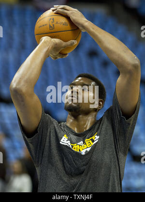 Los Angeles Lakers center Andrew Bynum warms up before the NBA Western Conference playoffs first round game three at the Pepsi Center in Denver on May 4, 2012.      UPI/Gary C. Caskey Stock Photo