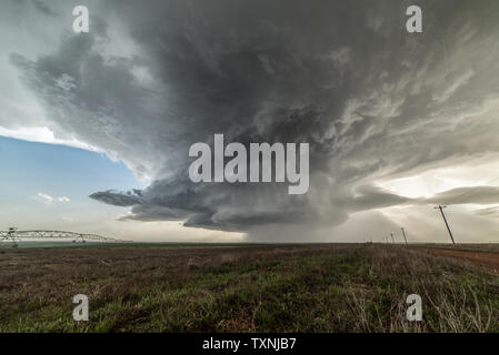 Landscape with massive supercell in the Eastern Texas panhandle, USA. Massive baseball-sized hail fell with this storm